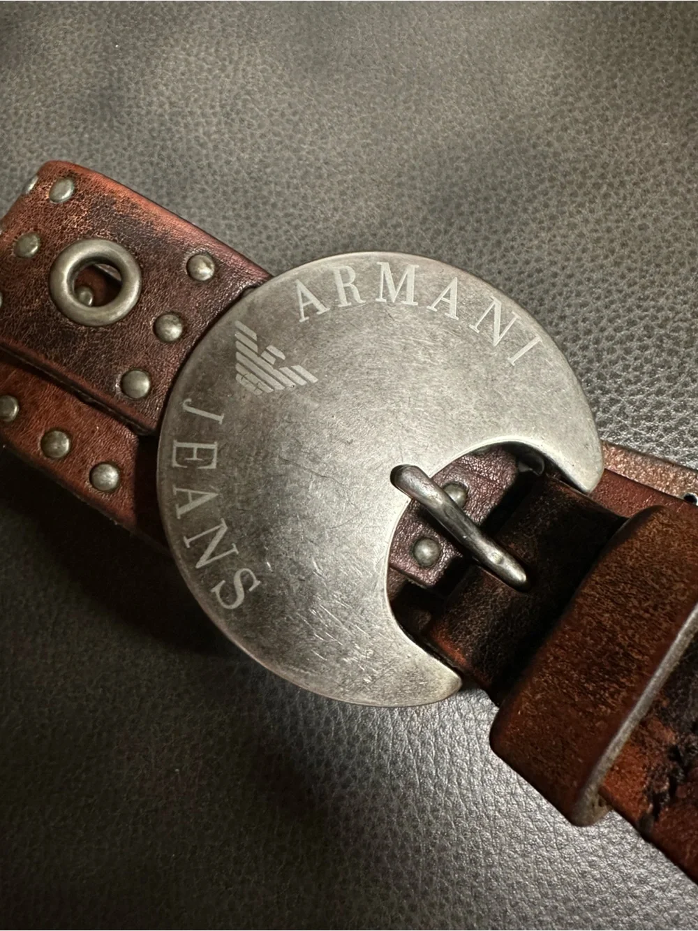 Armani Jeans Distressed Leather Belt with Large Silver Branded Buckle
